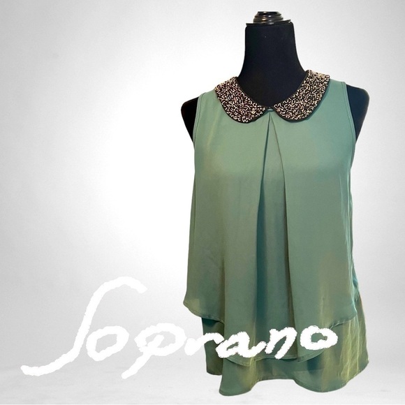 Soprano Womens Sleeveless Top Size M Green Black Gold Beaded Collar Blouse - Picture 1 of 6